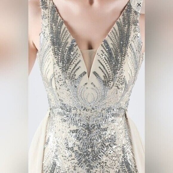 Silver, Double V, Beaded Back, Detachable Draped Skirt, Sequined Mermaid Gown - Picture 8 of 16